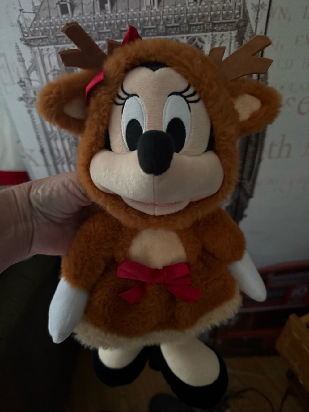 Disney Brown Minnie Mouse Reindeer Plush with Red Bow